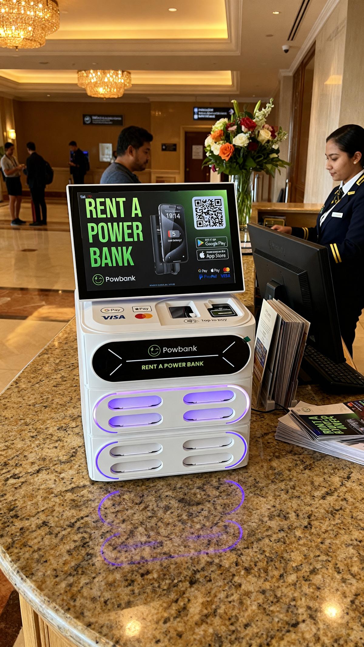 Powbank oplaadstation bij hotel receptie - professionele powerbank verhuur voor hotelgasten bij check-in